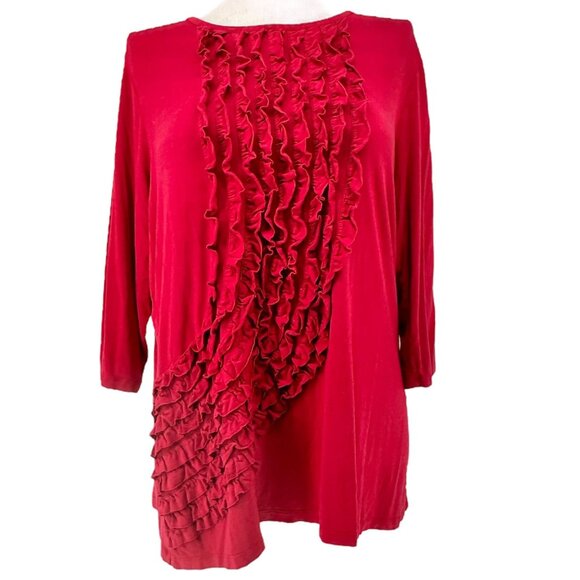 Lane Bryant Tunic Top Womens Size 22/24W Red Ruffle Front 3/4 Sleeve Soft Comfy - Picture 1 of 9